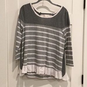 Gray & white stripe top with ruffle accents and tie
